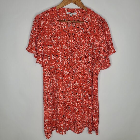 Rose + Olive Womens Red Floral Smockedd Button Front Short Sleeve Top Size 2X - Picture 1 of 10